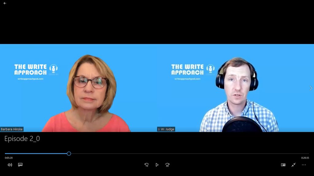 Screenshot of Barbara Hinske and J. W. Judge recording Episode 2 of The Write Approach